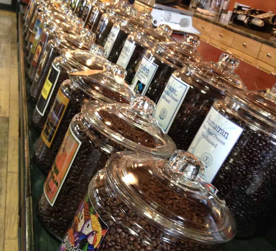 Jars of fresh roasted Cupper's coffee in our store