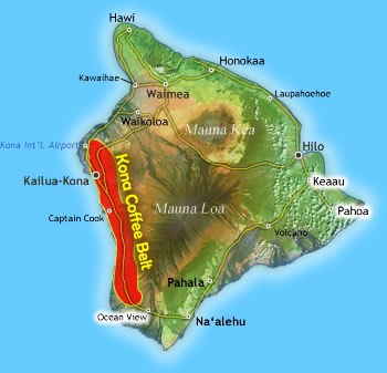 Map of the Kona Coffee growing area on Hawaii