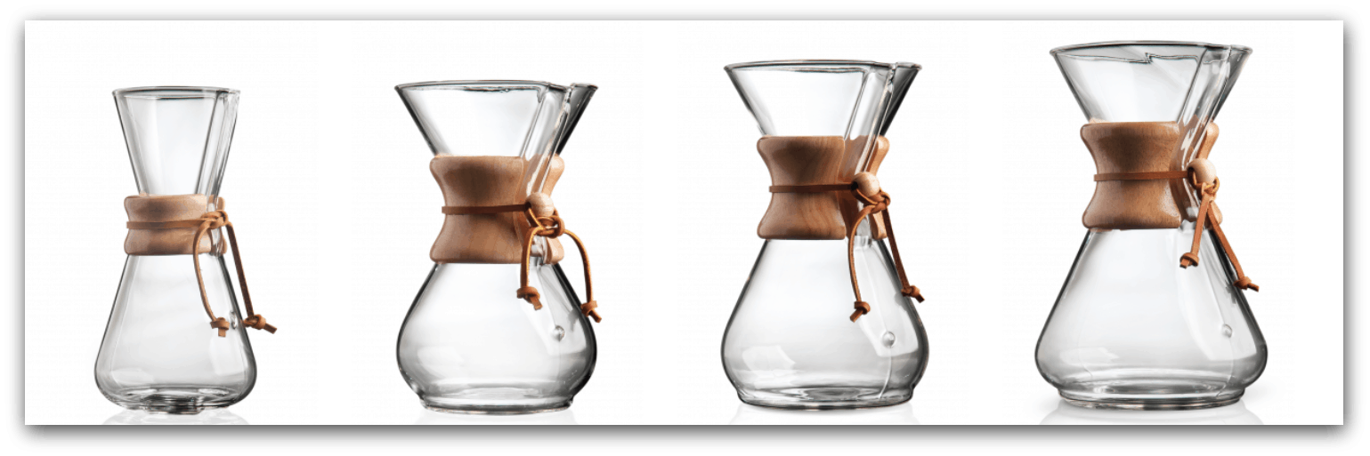 Different sizes of Chemex pour-over brewers with their wooden collars