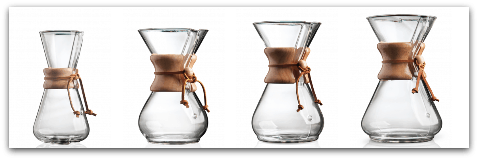 Chemex pour-over brewers with wooden collars in different sizes