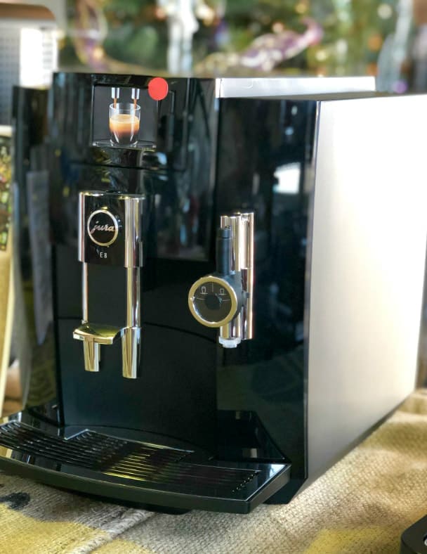 Jura e8 espresso machine on a burlap sack