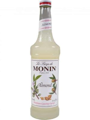 monin almond syrup in glass bottle