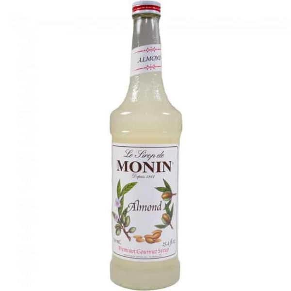 monin almond syrup in glass bottle