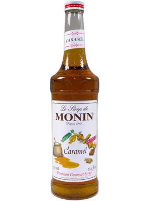 Monin caramel syrup in glass bottle