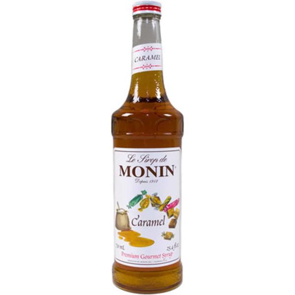 Monin caramel syrup in glass bottle