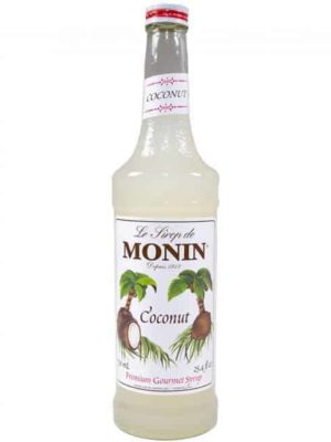 monin coconut syrup in glass bottle