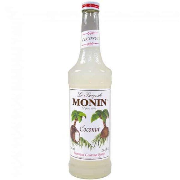 monin coconut syrup in glass bottle