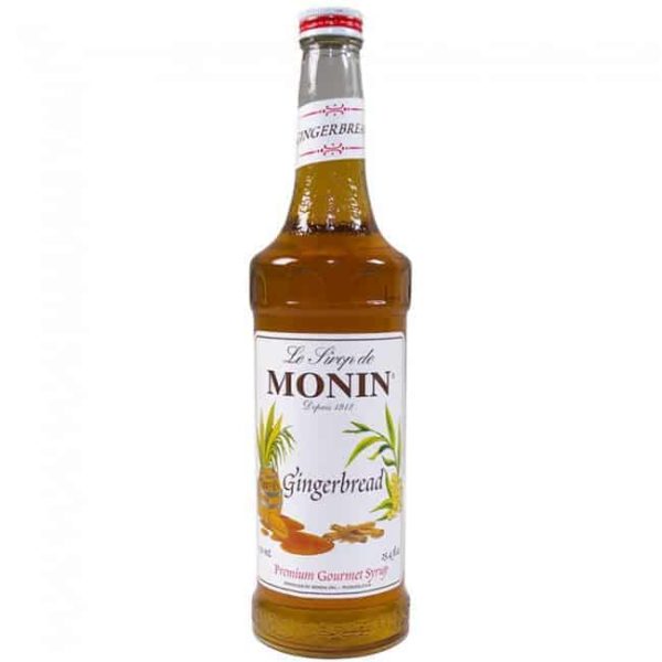 monin gingerbread syrup in glass bottle