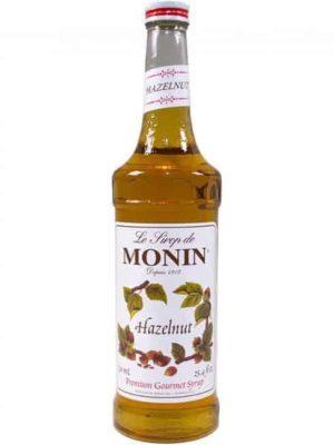 monin hazelnut syrup in glass bottle