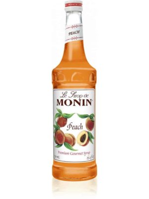 monin peach syrup in glass bottle