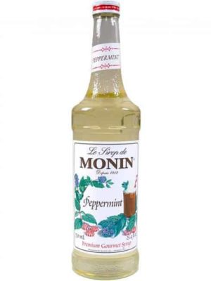 monin peppermint syrup in glass bottle