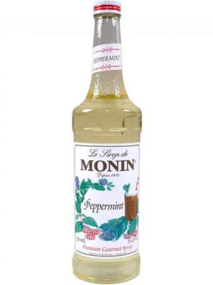 monin peppermint syrup in glass bottle