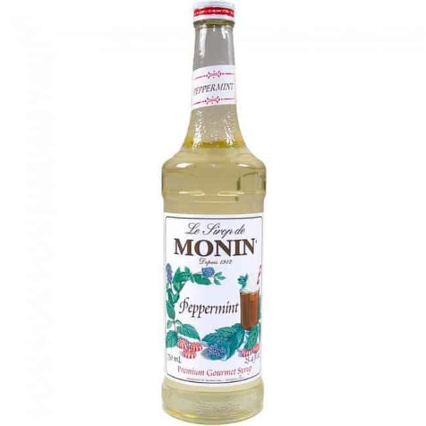 monin peppermint syrup in glass bottle