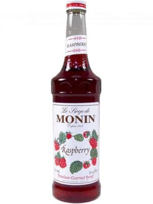 monin raspberry syrup in glass bottle