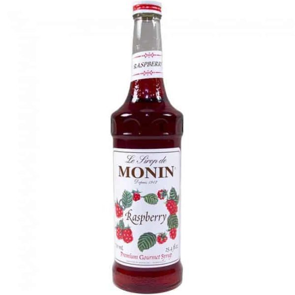 monin raspberry syrup in glass bottle