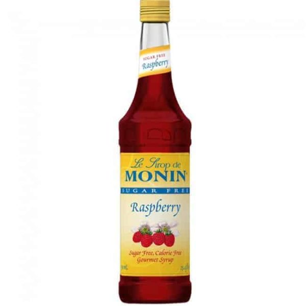 Monin Sugar free Raspberry Syrup in glass bottle