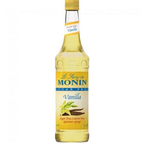 Monin sugar free vanilla syrup in glass bottle