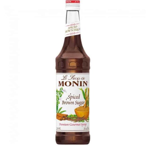 monin spiced brown sugar syrup in glass bottle