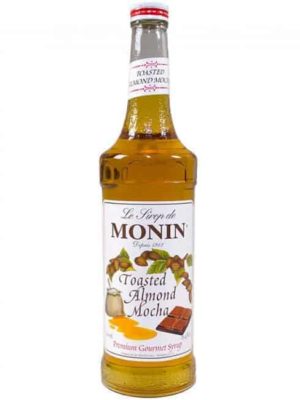 monin toasted almond mocha syrup in glass bottle