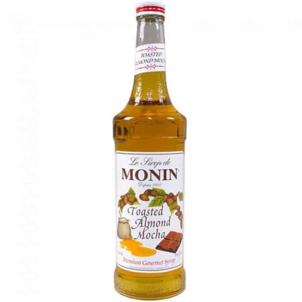 monin toasted almond mocha syrup in glass bottle