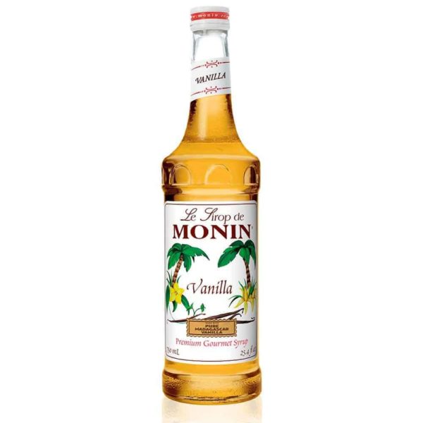 Monin vanilla syrup in glass bottle