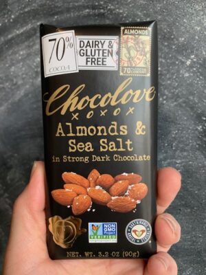 Chocolove bar with Almonds & Sea Salt in Strong 70% Dark Chocolate