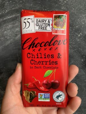 Chocolove bar with Chilies & Cherries in 555 Dark Chocolate