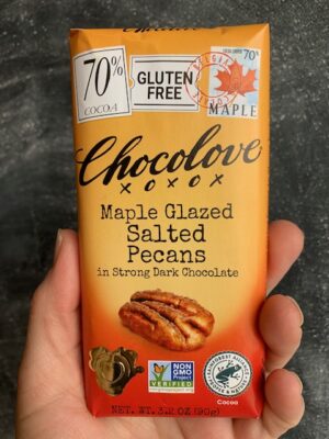 Chocolove bar with Maple glazed Pecans in 70% Dark Chocolate