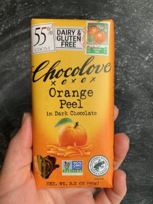 Chocolove bar with Orange Peel in 55% Dark Chocolate