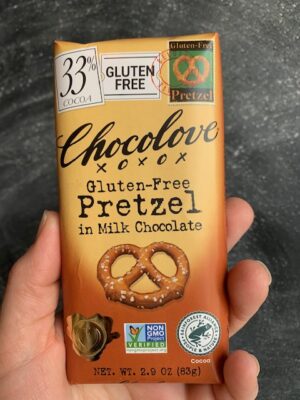 Chocolove bar with gluten-free Pretzels in 33% Milk Chocolate