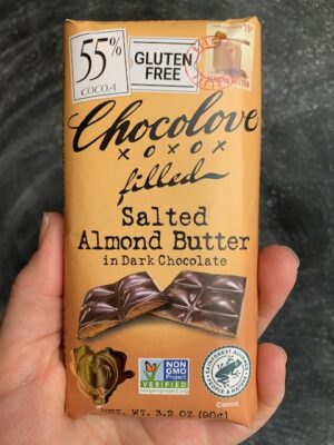 Chocolove bar with Salted Almond Butter in 55% Dark Chocolate