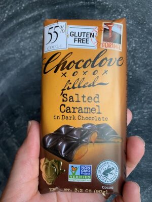 Chocolove bar with Salted Caramel in Dark 55% Chocolate