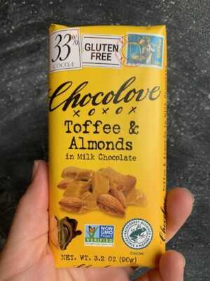 Chocolove bar with Toffee & Almonds in 33% Milk Chocolate