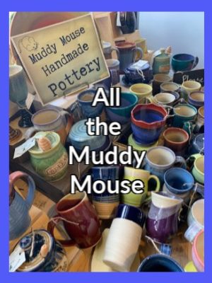 Large spread of Muddy mouse pottery cups and bowls