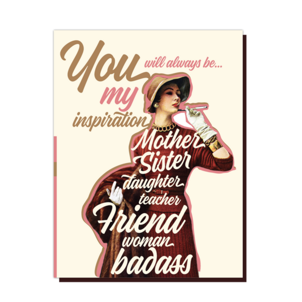 Card with a woman with inspiring terms including mother, sister, friend, and badass