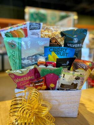 Large Mother's Day gift basket with coffee and yellow bow