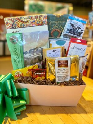 medium Mother's Day gift basket with coffee and green bow