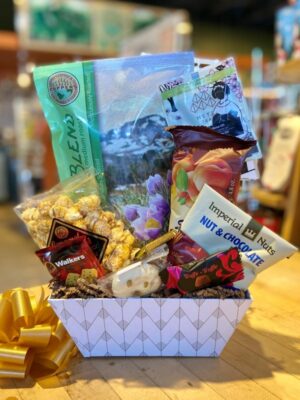 Mother's Day gift basket with coffee and yellow bow