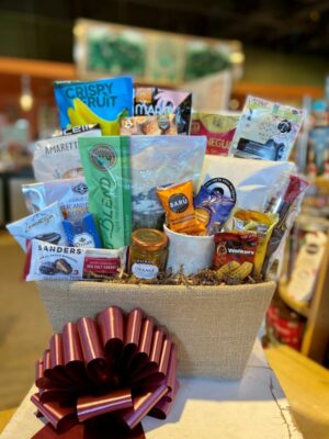 Extra Large Mother's Day gift basket with coffee and burgundy bow