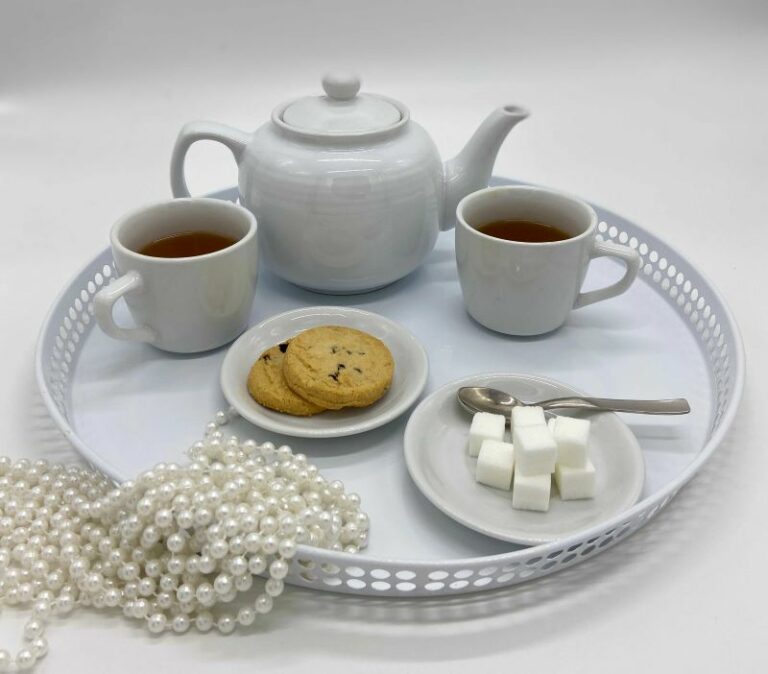 all white For Life tea set with cookies and sugar on a tray with pearls