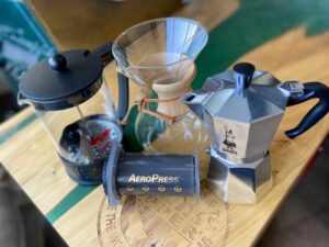 Aeropress, bialetti, French Press, and chemex coffee brewers