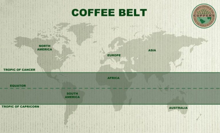 A green map showing the coffee growing region between the Tropics of Capricorn and Cancer.