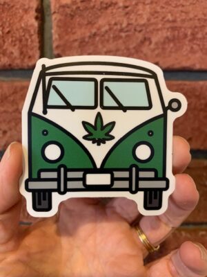 vinyl sticker of the front of a volkswagon bus van with cannabis leaf