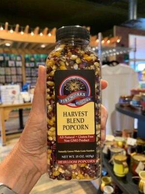 a jar of Fireworks Harvest Blend Popcorn kernels