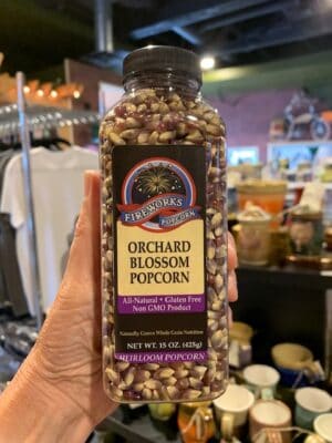 a jar of Fireworks orange blossom popcorn kernels