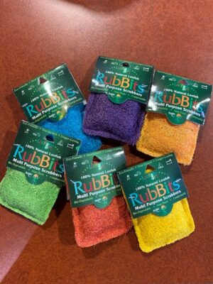 Loofah Art Mini rubbits in blue, purple, orange, green, red and yellow