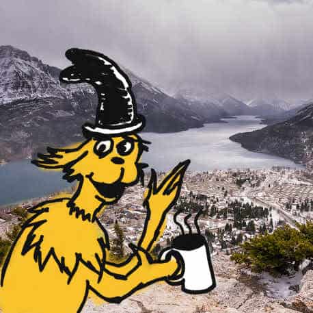 Cat in the Hat with a cup of coffee overtop of Waterton townsite