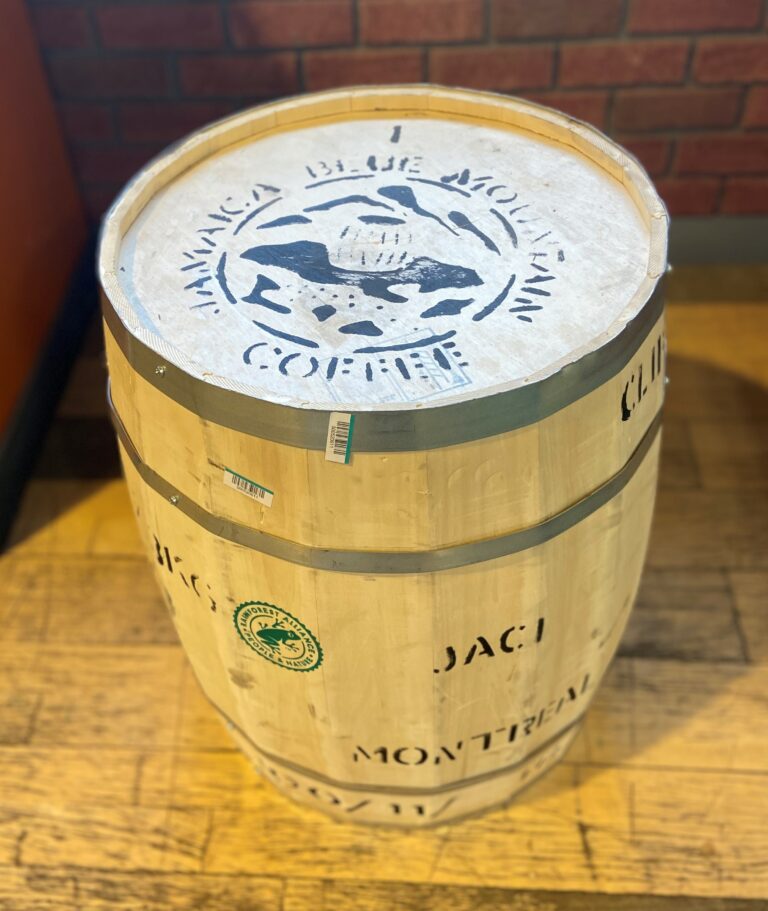 side of a Jamaican Blue Mountain Coffee Barrel