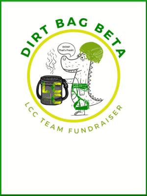 Dirt Bag Beta Coffee logo featuring a dinosaur wearing a helmet and a climbing harness.