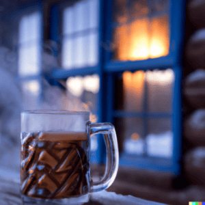 Hot Cider Buttered Rum in front of a lit window for a cocktail recipe.